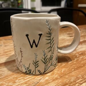 Anthropologie Dagny Monogram Letter W Mug Coffee Cup Hand Painted Botanical NWOT